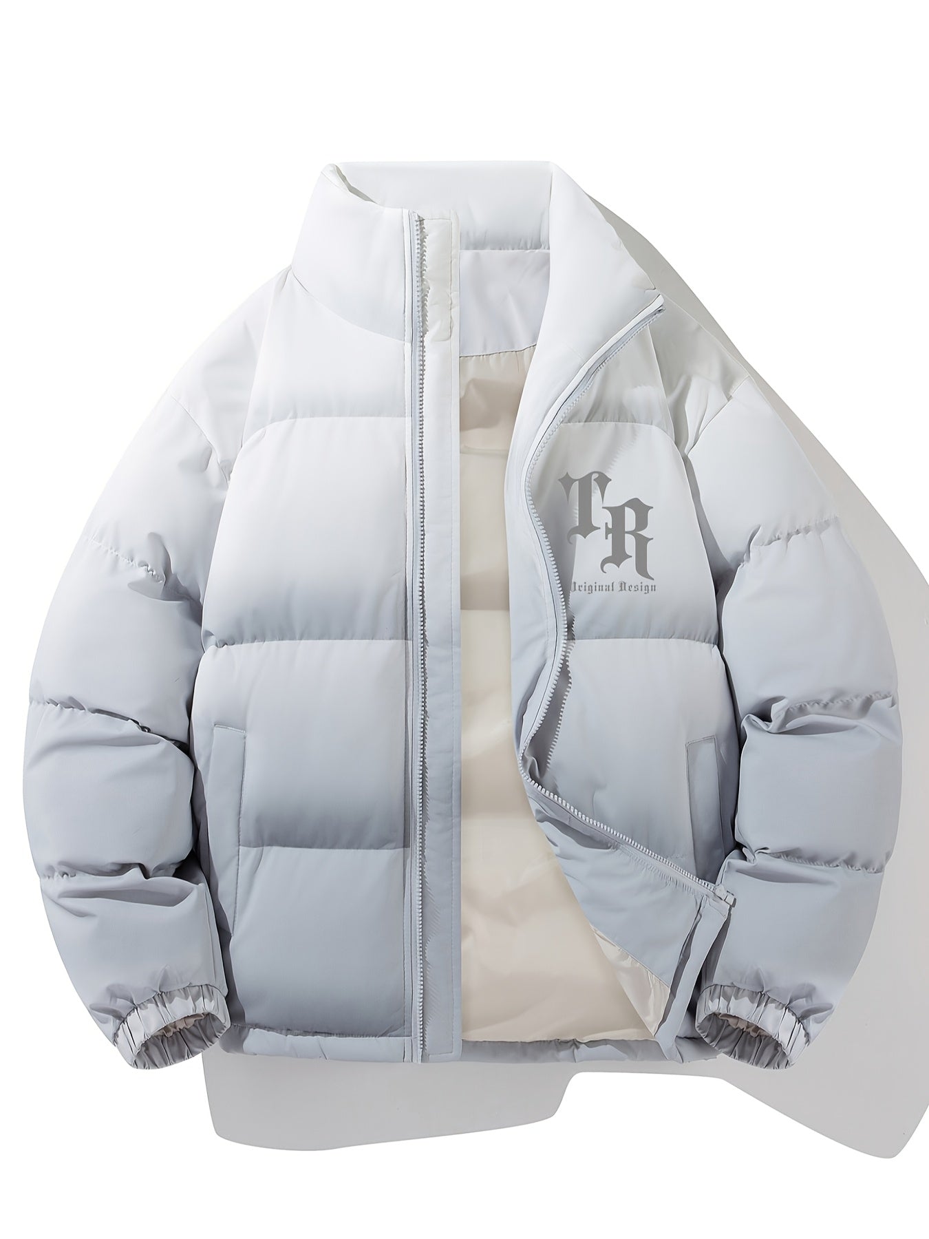 1pc Men'S Street Style Stand Collar Coat, Alphabet Print, Regular Fit, Drawstring Detail, Non-Stretch Woven Polyester, 100% Polyester Filler, Long Sleeve Casual Warm Gradient Jacket for Autumn and Winter