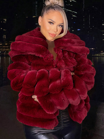 Women's Burgundy Red Plush Jacket - Luxurious -Like Collar &, All-Season Coat for Parties, Weddings, Casual Outfits - Hand Washable Non-Stretch Outerwear (No) - Elegant Winter-Ready Outer Jacket