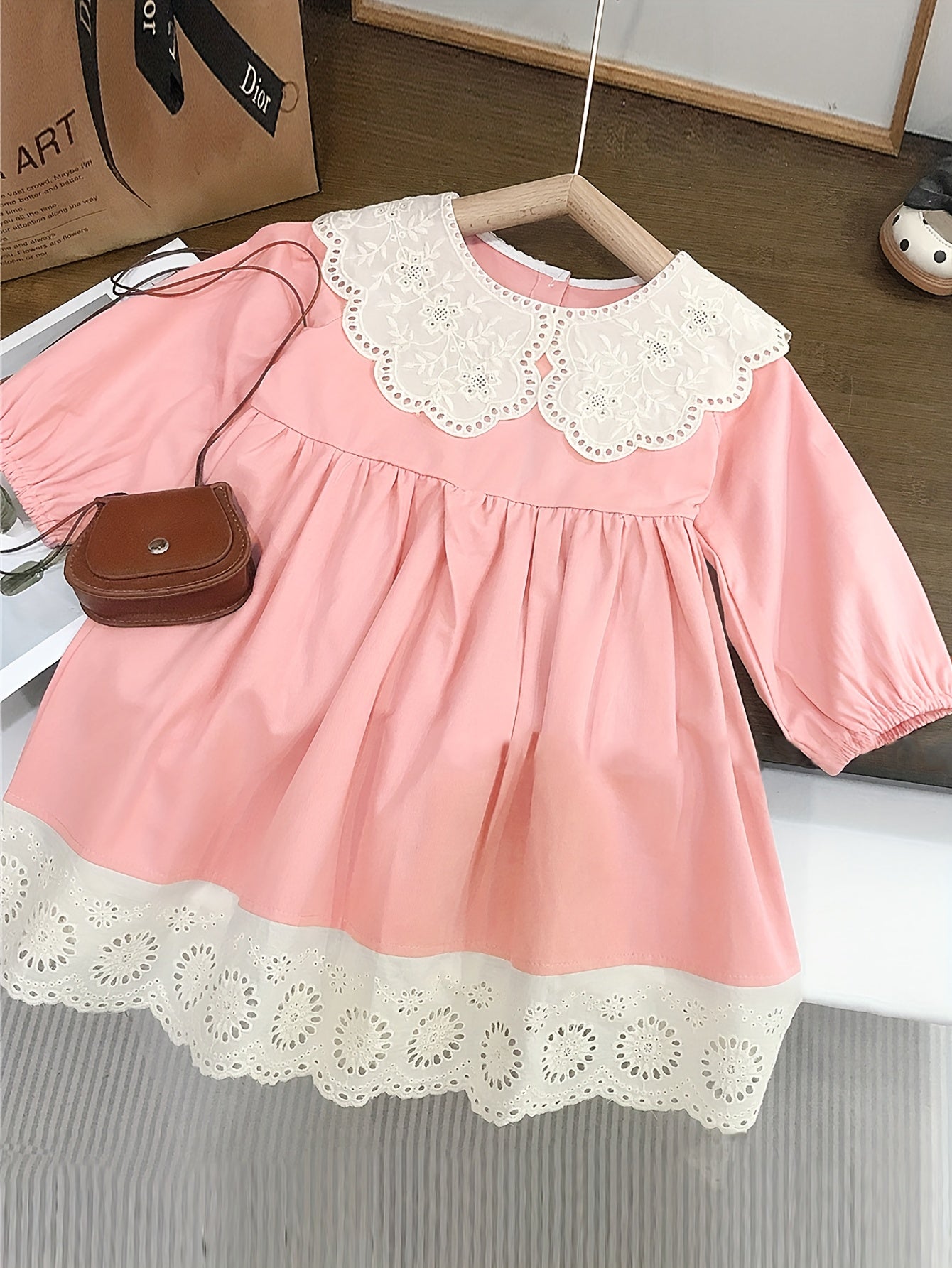 Girls' Spring/Fall Solid Color Cotton Dress with Lace Collar