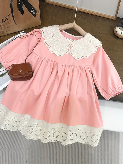 Girls' Spring/Fall Solid Color Cotton Dress with Lace Collar