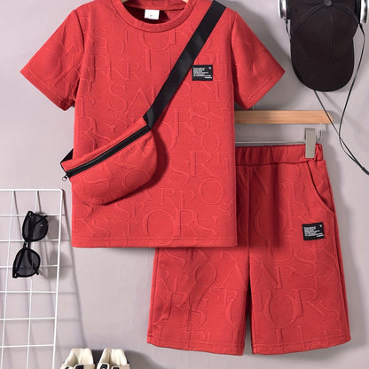 Boys' Stylish White Short Sleeve T-Shirt + Casual Shorts + Fashion Crossbody Bag Set, Perfect for Outdoor