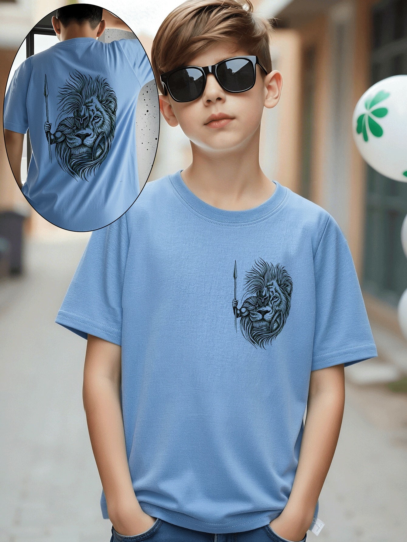 Boys' Cotton T-Shirt with Lion Warrior Print - Casual Summer Top