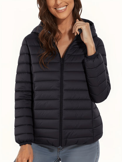 Lightweight Women's Hooded Zipper Padded Coat with Retractable Cuffs