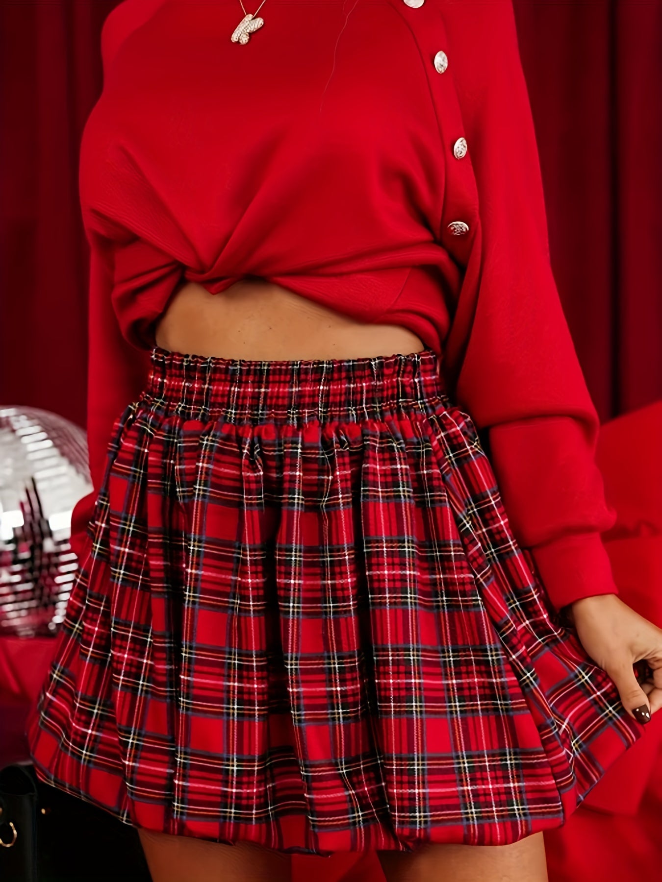 Red Plaid Fashion Bubble Skirt, Elegant and Versatile Christmas Style