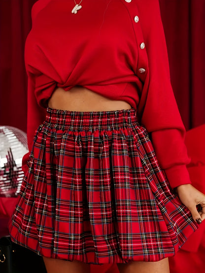 Red Plaid Fashion Bubble Skirt, Elegant and Versatile Christmas Style