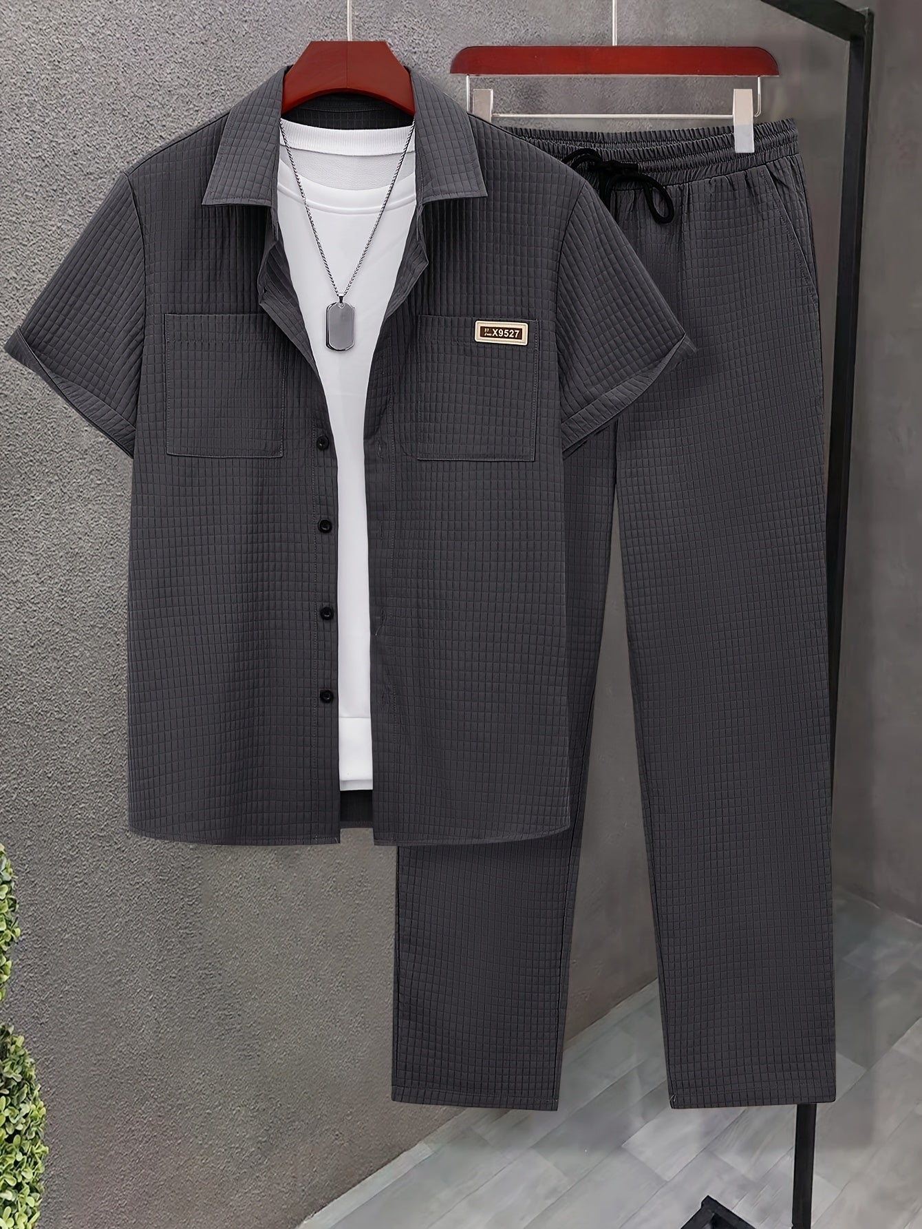 Summer Men'S Casual Bread Pattern Texture Short Sleeve Long Pants Shirt Set, 100% Polyester, Double Pocket Shirt, Turnover Woven Top Can Be Machine Washed and Dry Cleaned