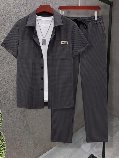 Summer Men'S Casual Bread Pattern Texture Short Sleeve Long Pants Shirt Set, 100% Polyester, Double Pocket Shirt, Turnover Woven Top Can Be Machine Washed and Dry Cleaned