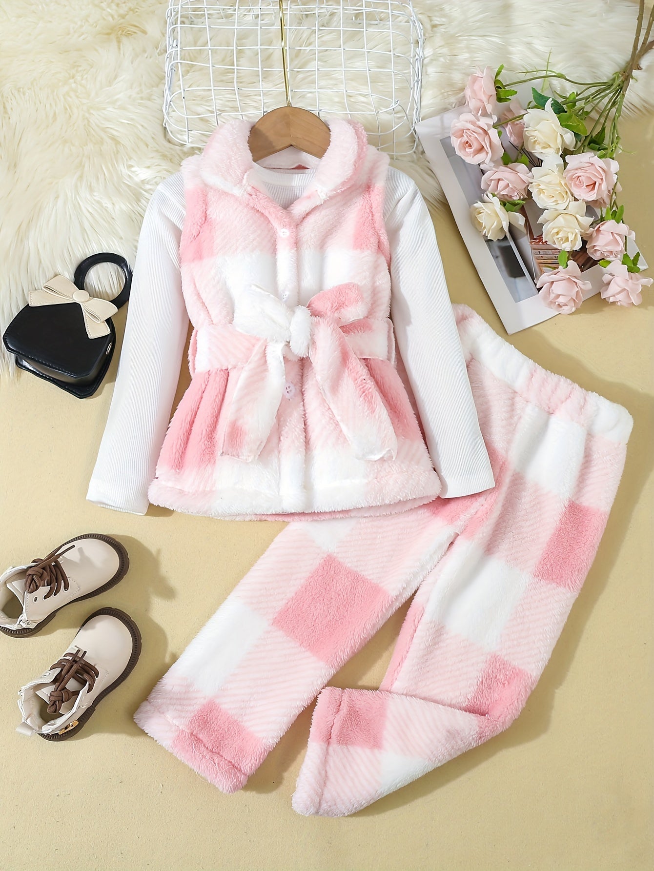 3pcs Plush Set Girl's Plaid Teddy Vest + Long-Sleeve Top + Teddy Pants, Casual outdoor Style Girls Winter/ Fall Clothes, Gift