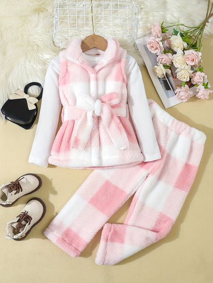 3pcs Plush Set Girl's Plaid Teddy Vest + Long-Sleeve Top + Teddy Pants, Casual outdoor Style Girls Winter/ Fall Clothes, Gift