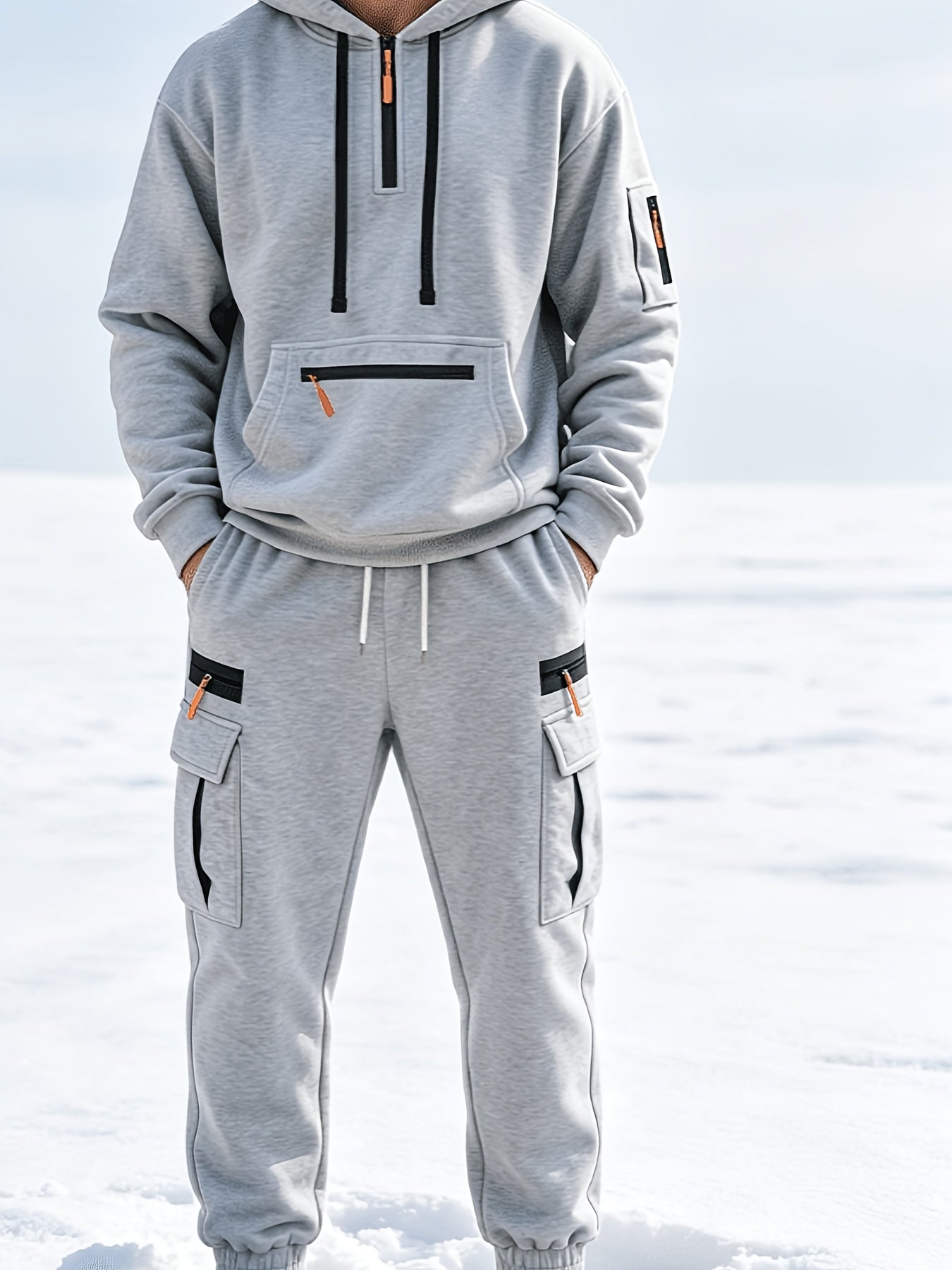 Men's Casual Hooded Tracksuit Set with Zipper Pockets
