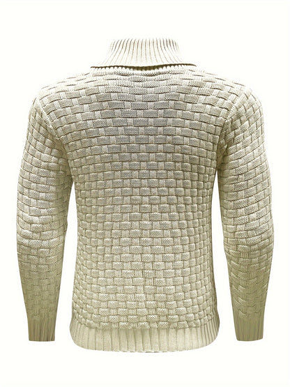 Men's Casual Waffle Pattern High Stretch Sweater, Chic Mature Pullover Sweater For Fall Winter