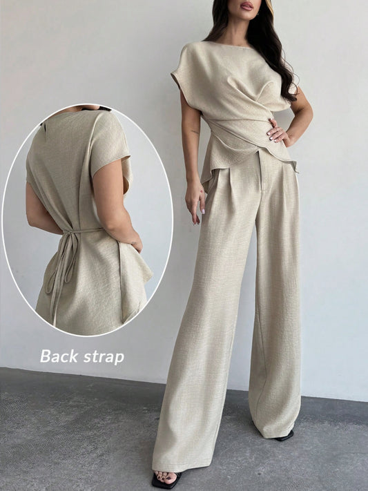 Elegant Women's Corset Tie-Front Top & Wide-Leg Pants Set - ayq