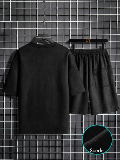 Two-piece Men's summer short-sleeve set, round-neck T-shirt, high-end solid color, half-sleeve, open-back hair clip, thin-fit shorts