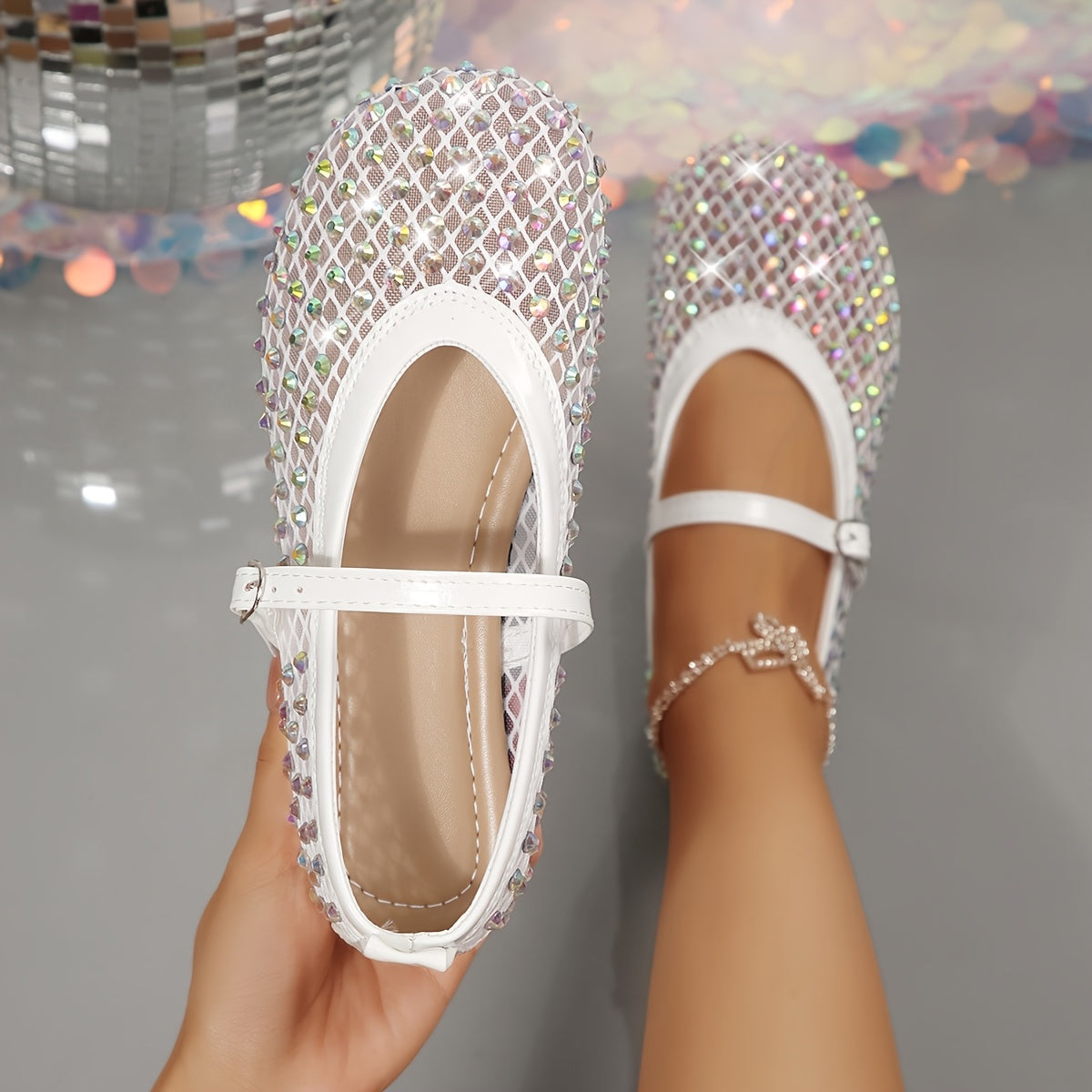 Elegant Women's Mary Jane Shoes with Rhinestone & Mesh Upper