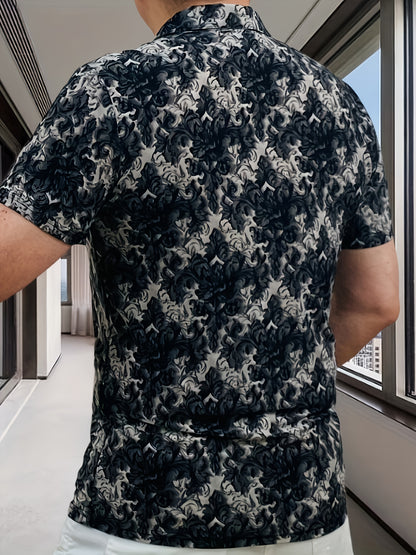 Men's Short Sleeve Shirt with Zipper Front - Black  White Floral Print Summer Casual T-Shirt, Breathable Stand Collar, Regular Fit for Casual Attire, Easy Care Fabric
