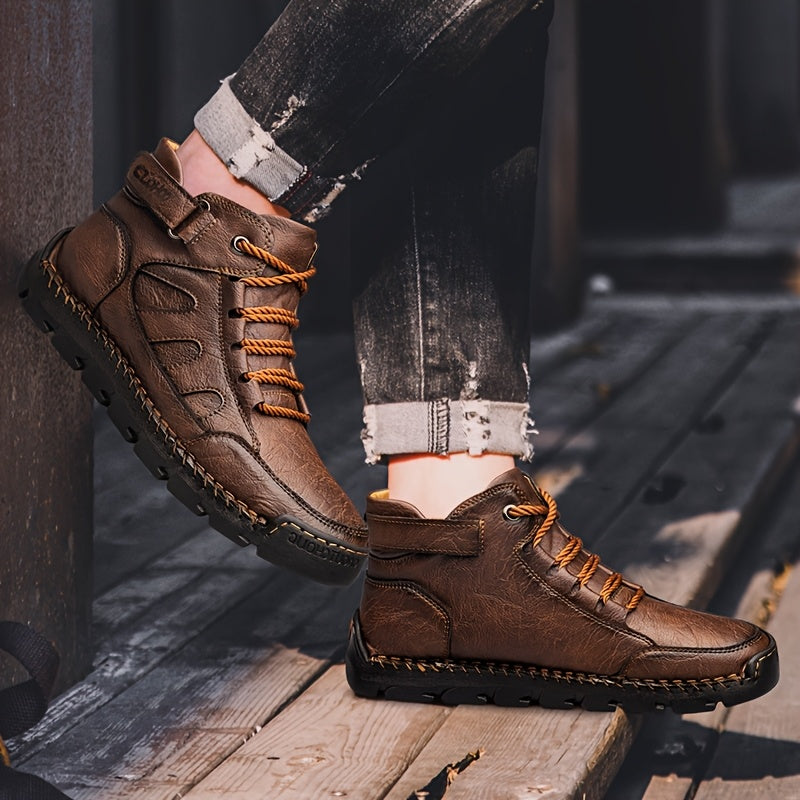 Handmade Men's Ankle Boots - Casual High-Top Rubber Sole Shoes