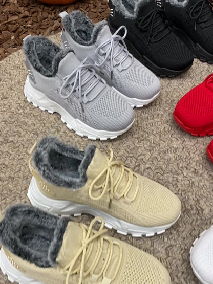 ZOSIVC Women's Winter Warm Slip-Resistant Plush Lining Sneakers/Running Boots - Slip-On Low-Top Shoes with Cushioned PVC Sole, All-Season Comfort for Travel & Casual Wear (Black/Red/Grey/Beige) - Hand Washable Fabric Upper, O