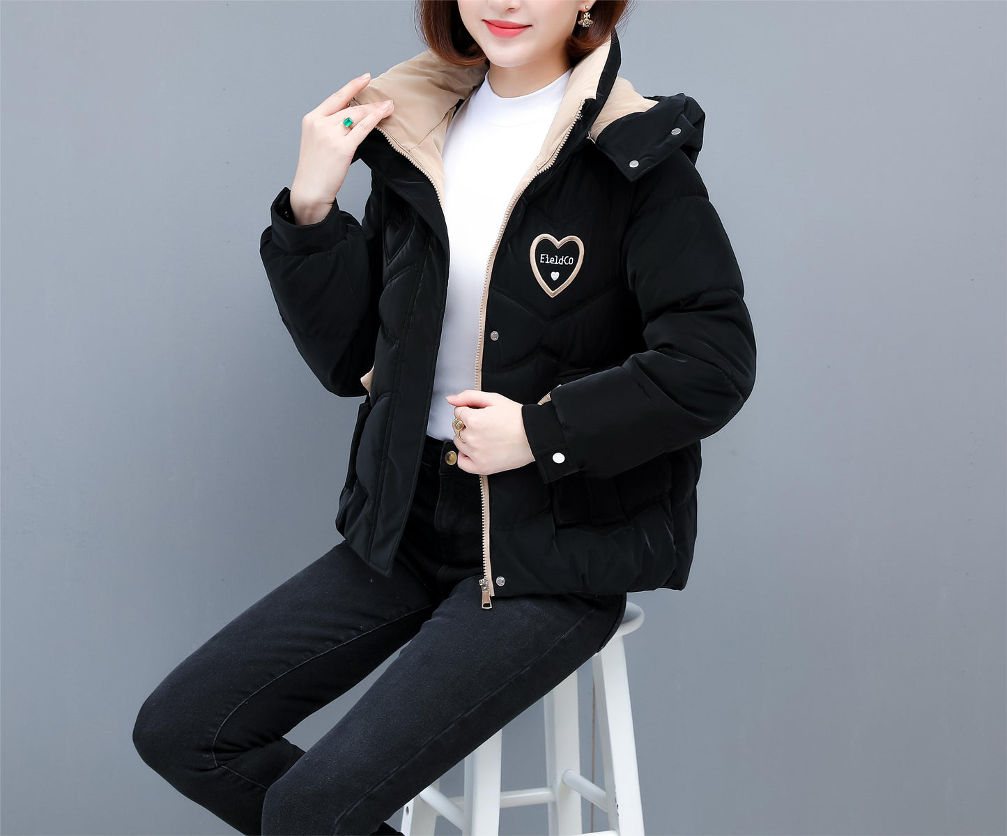 Women's Winter Hooded Jacket - Stylish Beige & White Zip-Up Coat with Heart Design, Warm Polyester Outerwear for Casual or Chic Looks, Winter Jacket