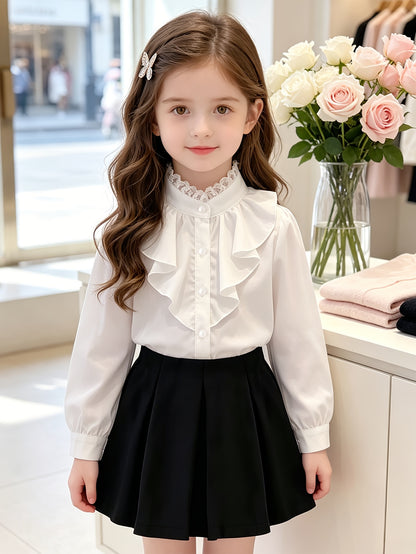 Girls' Autumn Skirt Set - Elegant Button Blouse & Pleated Skirt
