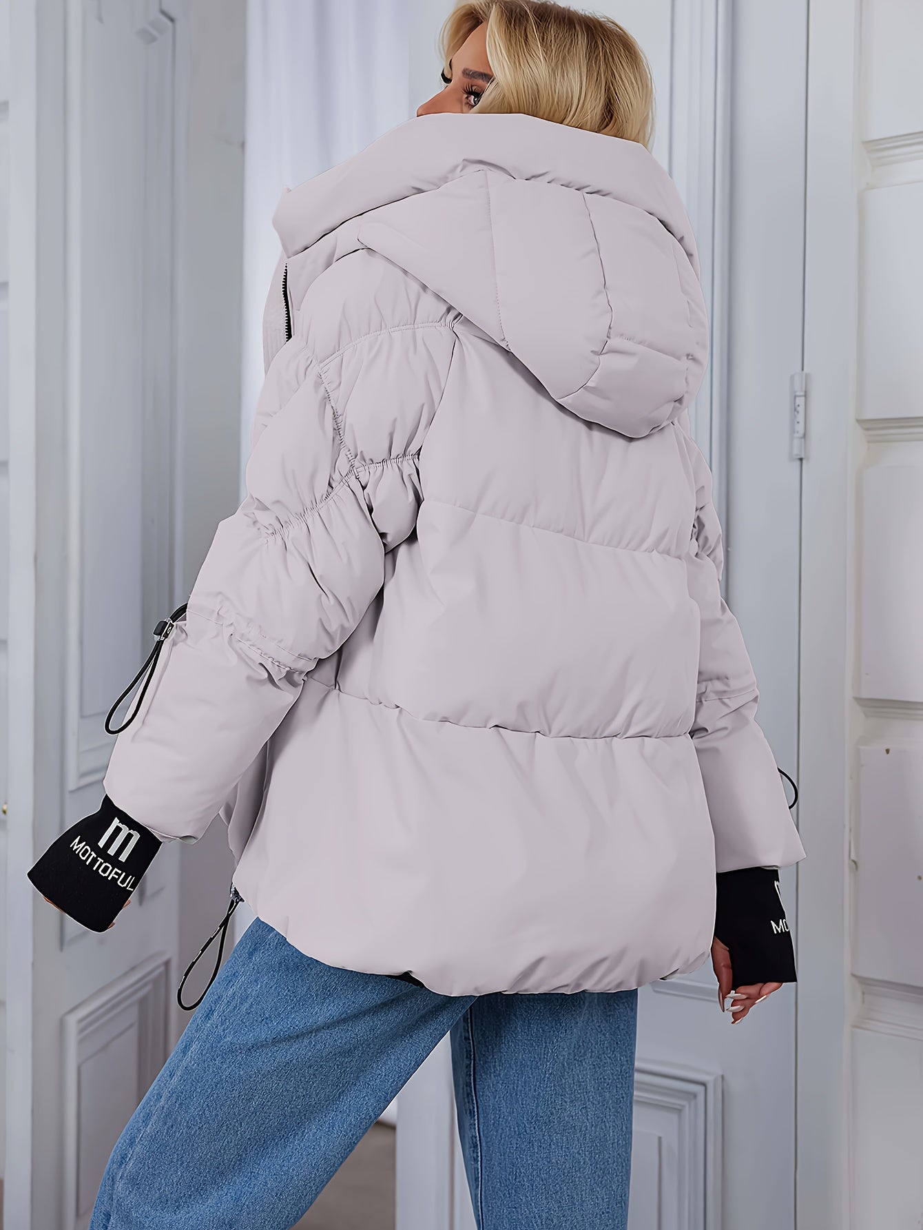 Women's Stylish Beige Puffer Jacket - Casual Warm Winter Coat with Black Trim, Long Sleeves & Zippered Hood, Polyester Fabric for Outdoor Comfort