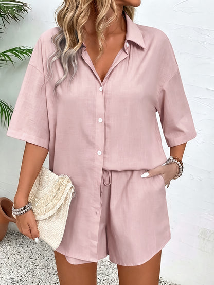 Women's Solid Casual Short Sleeve Shirt & Shorts Set - Spring/Summer