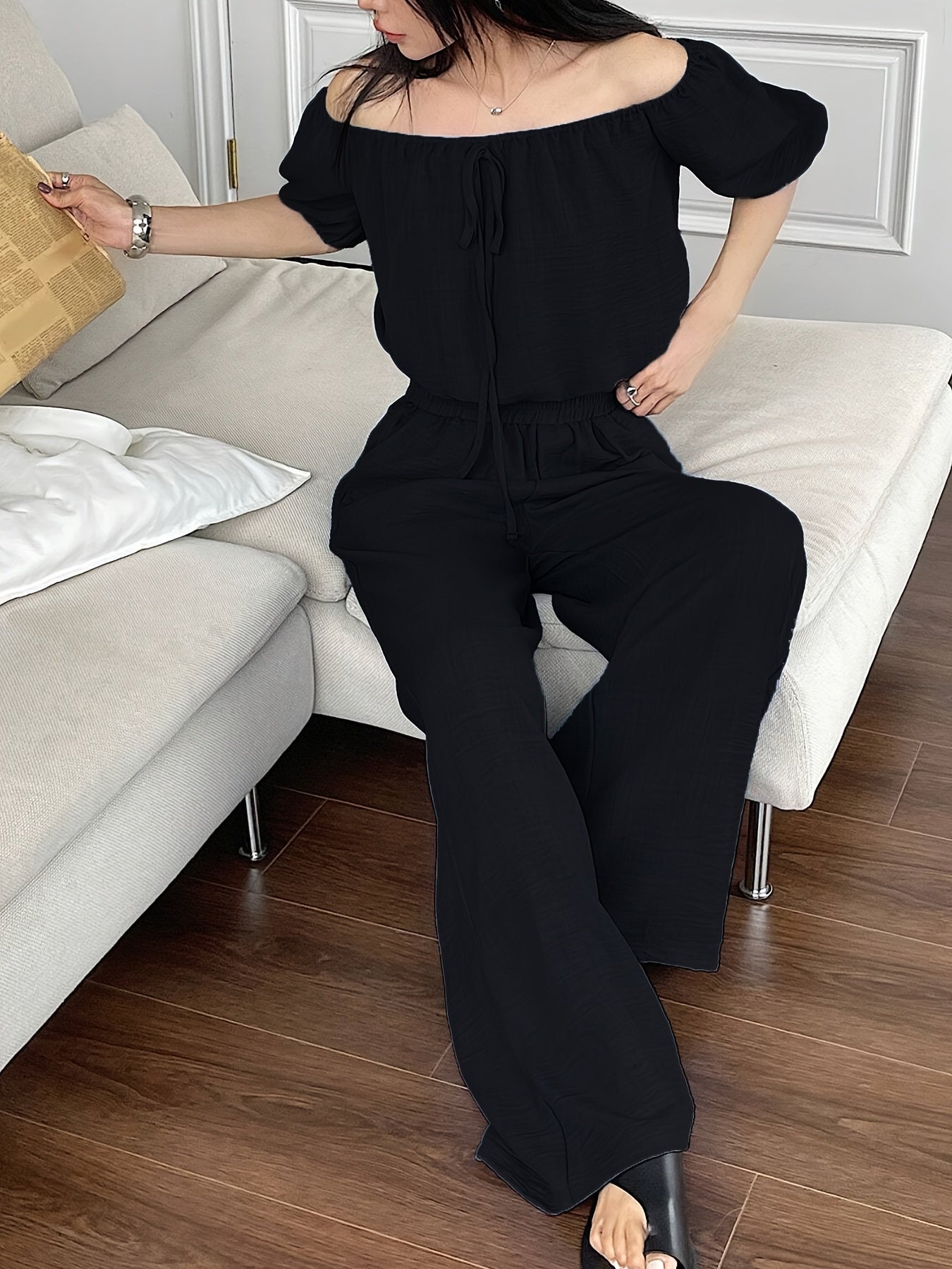 Women's Summer Solid Color Off-Shoulder Puff Sleeve Crop Top and Loose Wide-Leg Pants Two-Piece Set