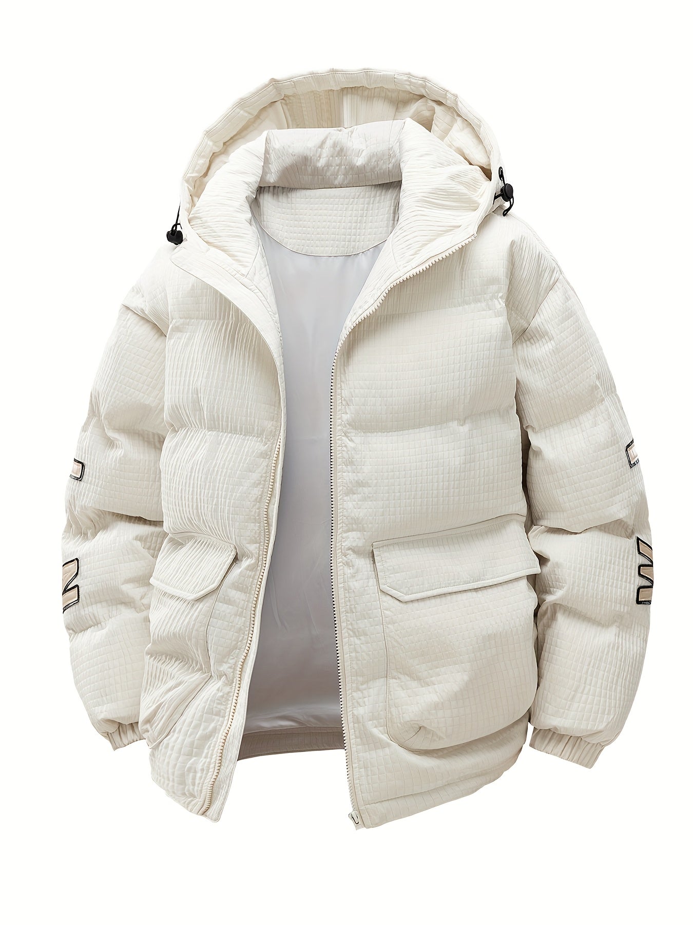 789 Men'S Stylish Thickened Winter Hooded Coat - Warm Fleece-Lined Jacket with "CONS" Letter Design, Loose Fit, White, Casual Winter Outerwear, Winter Jacket