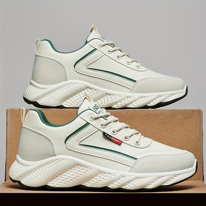 Men's Retro Sneakers - White  Green Accent Lace-Up Shoes, Cushioned PVC Sole for All-Day Comfort, Low-Top Sneakers for Gym, Office, Casual Attire - Model HX-7, Gym Footwear, Sleek Casual Style, Fabric Upper, Durable Traction