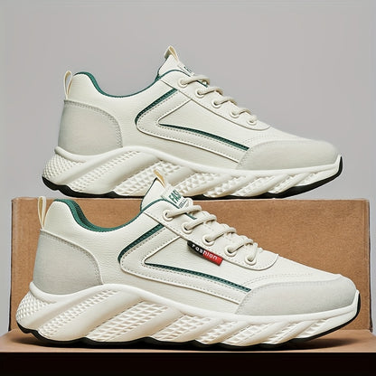 Men's Retro Sneakers - White  Green Accent Lace-Up Shoes, Cushioned PVC Sole for All-Day Comfort, Low-Top Sneakers for Gym, Office, Casual Attire - Model HX-7, Gym Footwear, Sleek Casual Style, Fabric Upper, Durable Traction