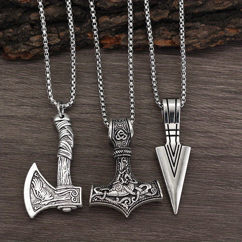 3 Pieces Of Men's Viking Necklace - Viking Hammer Nordic Compass Celtic Knot Wolf Axe Pendant Nordic Amulet Pendant Necklace Holiday Jewelry Gift
