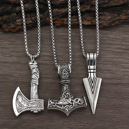 3 Pieces Of Men's Viking Necklace - Viking Hammer Nordic Compass Celtic Knot Wolf Axe Pendant Nordic Amulet Pendant Necklace Holiday Jewelry Gift