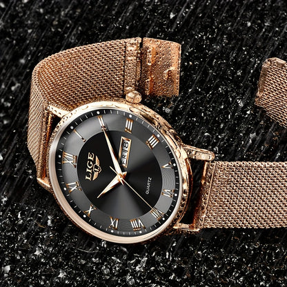 LIGE Women's Elegant Stainless Steel Quartz Watch with Date