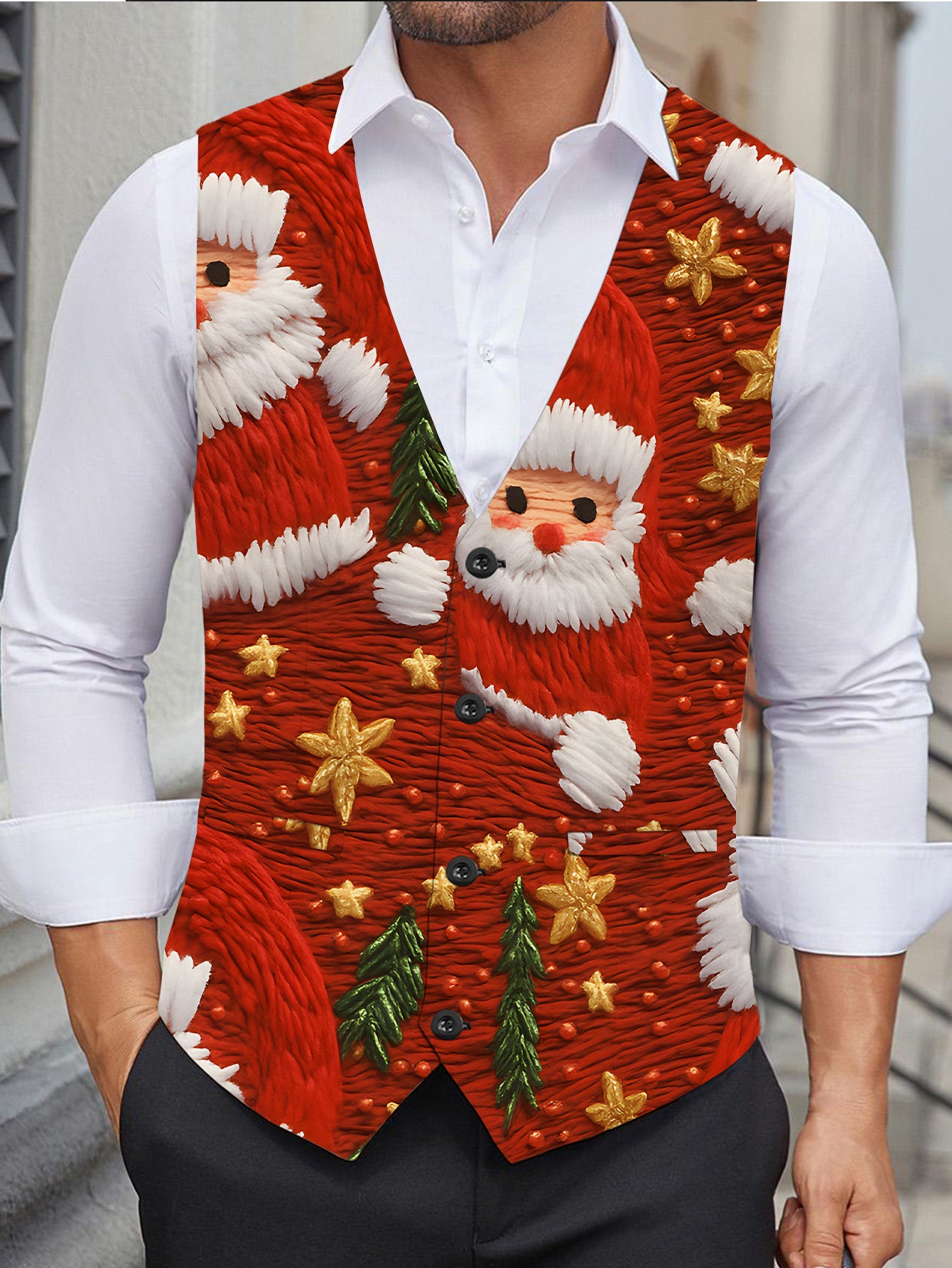 Men's Full-Body Print Santa Claus Vest with Collar & - Red/Green/White/Golden Christmas Jacket, Golden Star Buttons, All-Season Party & Casual Coat for Holiday Events, Costumes, and Casual Attire, PLUS SIZE