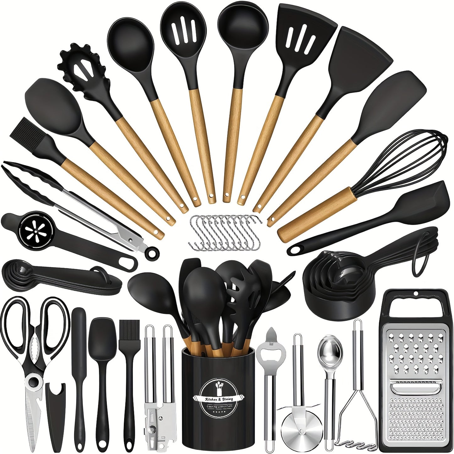 44pcs Set of Wooden Handle Silicone Non-stick Cookware Wooden Handle Cooking Spatula Spoon Stainless Steel Grater Bottle Opener Kitchen Cooking Tool Set