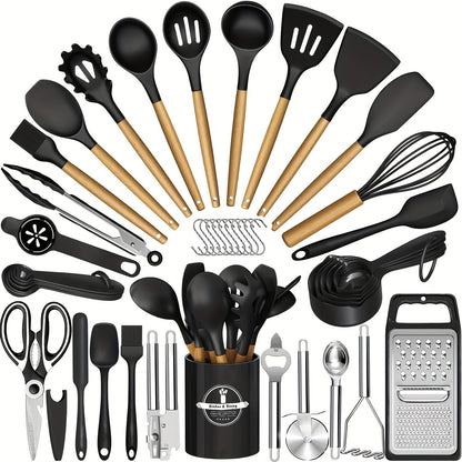 44pcs Set of Wooden Handle Silicone Non-stick Cookware Wooden Handle Cooking Spatula Spoon Stainless Steel Grater Bottle Opener Kitchen Cooking Tool Set