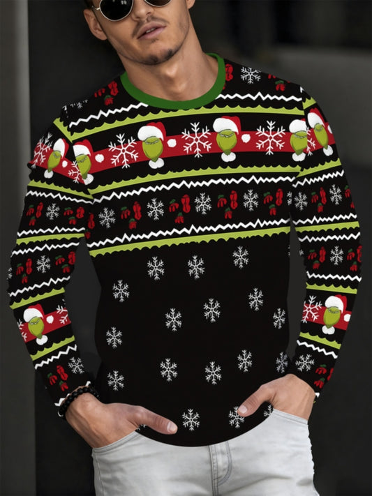 Men's Christmas & Halloween Novelty Sweater Shirt - Long Sleeve Green/Yellow/Golden Sweater Vest-like Top with Santa, Reindeer & Snowflake Patterns, Machine Washable Casual Party Outfit for Xmas, New Year's Events (Regular Fi