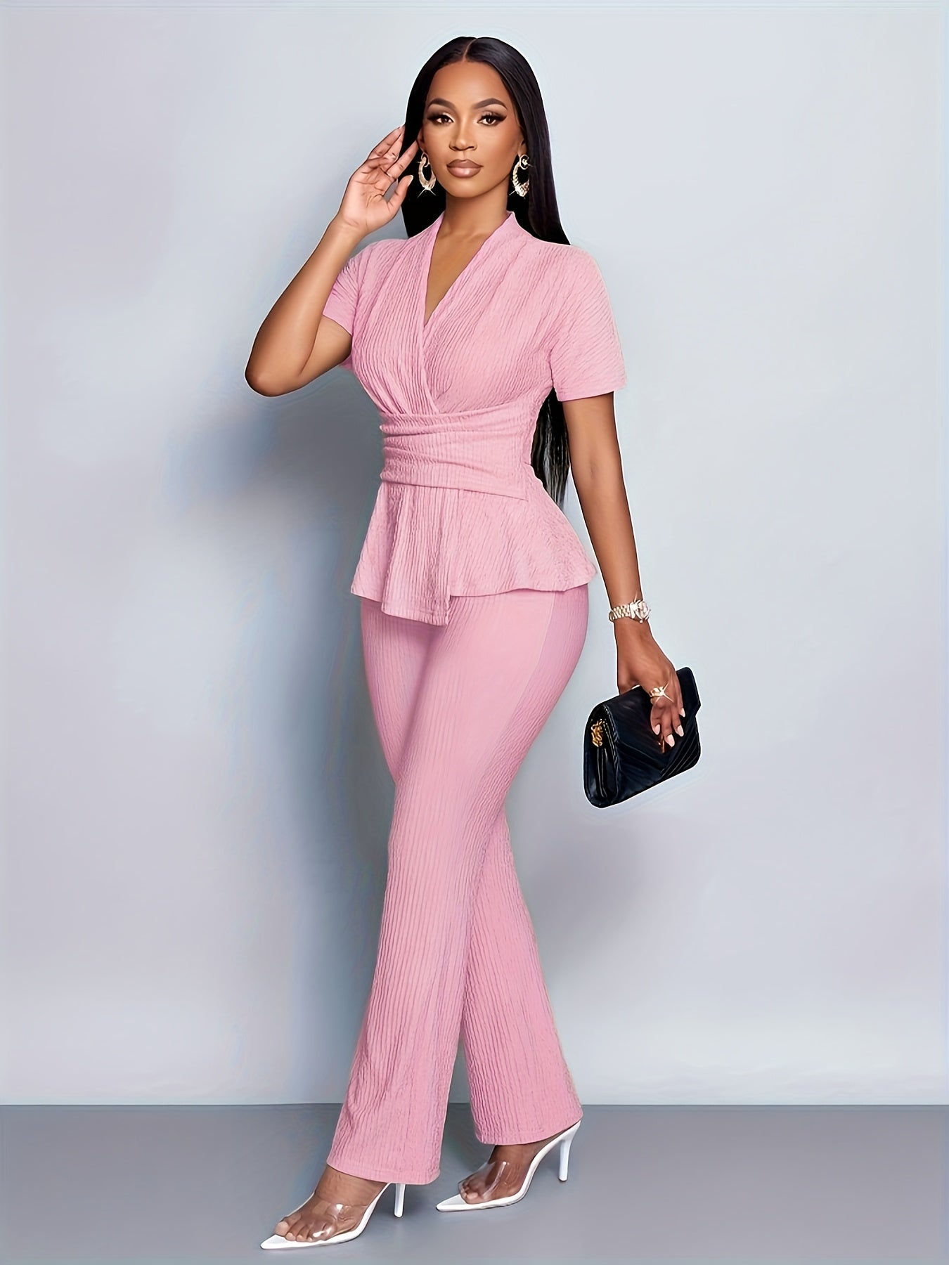 Women's Elegant Casual Solid Color Textured Pants Set