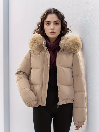 Women'S Winter Coat with Removable Faux Fur Hood - Thickened Loose Fit Long Sleeve Jacket, Zippered Pockets & Button Front, Casual Solid Color Outerwear for Cold Weather, Cozy Warmth, Buttoned Closure, Durable Fabric