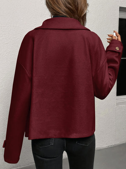 Women'S Burgundy Coat - Structured H-Silhouette Blazer, Button-Front Closure, Non-Stretch Fabric for Fall/Winter, Office, Party, Everyday Outfits - Chic Outerwear Jacket, Party Attire, Asymmetric Hemline, Elegant Design