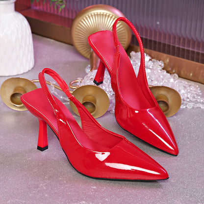 Women’s Pointed Toe High Heels with Glossy Accent and Open Back