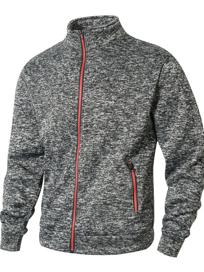 Men's Sporty Full-Zip Stand Collar Sweatshirt - Long Sleeve Casual Pullover with Neon Green Accents, Solid Color Non-Stretch Fabric, Regular Fit for Fall Winter