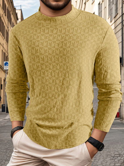 Men'S Long-Sleeve T-Shirt with a Half-High Collar, Casual Jacquard Base Layer for Outerwear, Stylish And High-Quality Top for Autumn And Winter