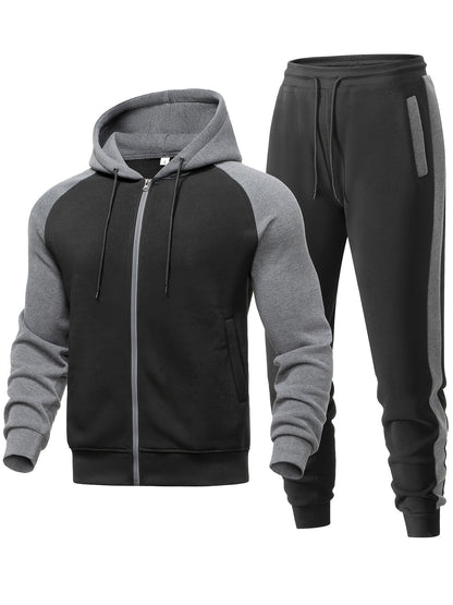 Men'S Casual Sports Hoodie Two-Piece Set with a Color-Blocked Design, Featuring a Zip And Drawstring Waist, Suitable for Jogging in All Seasons