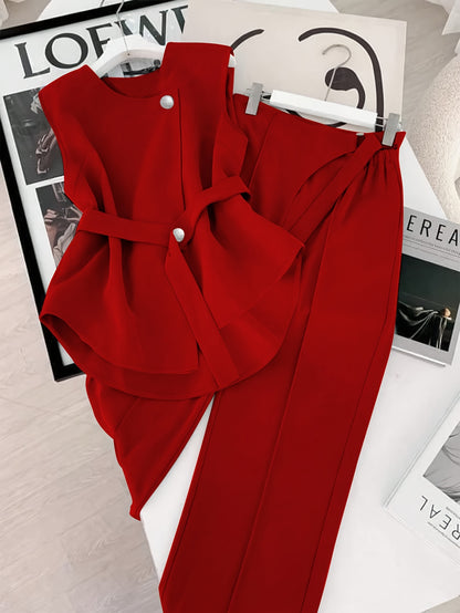 Women's Fashionable Set in Solid Color Top with Straight-Leg Pants, 2pcs Set for Elegant Style