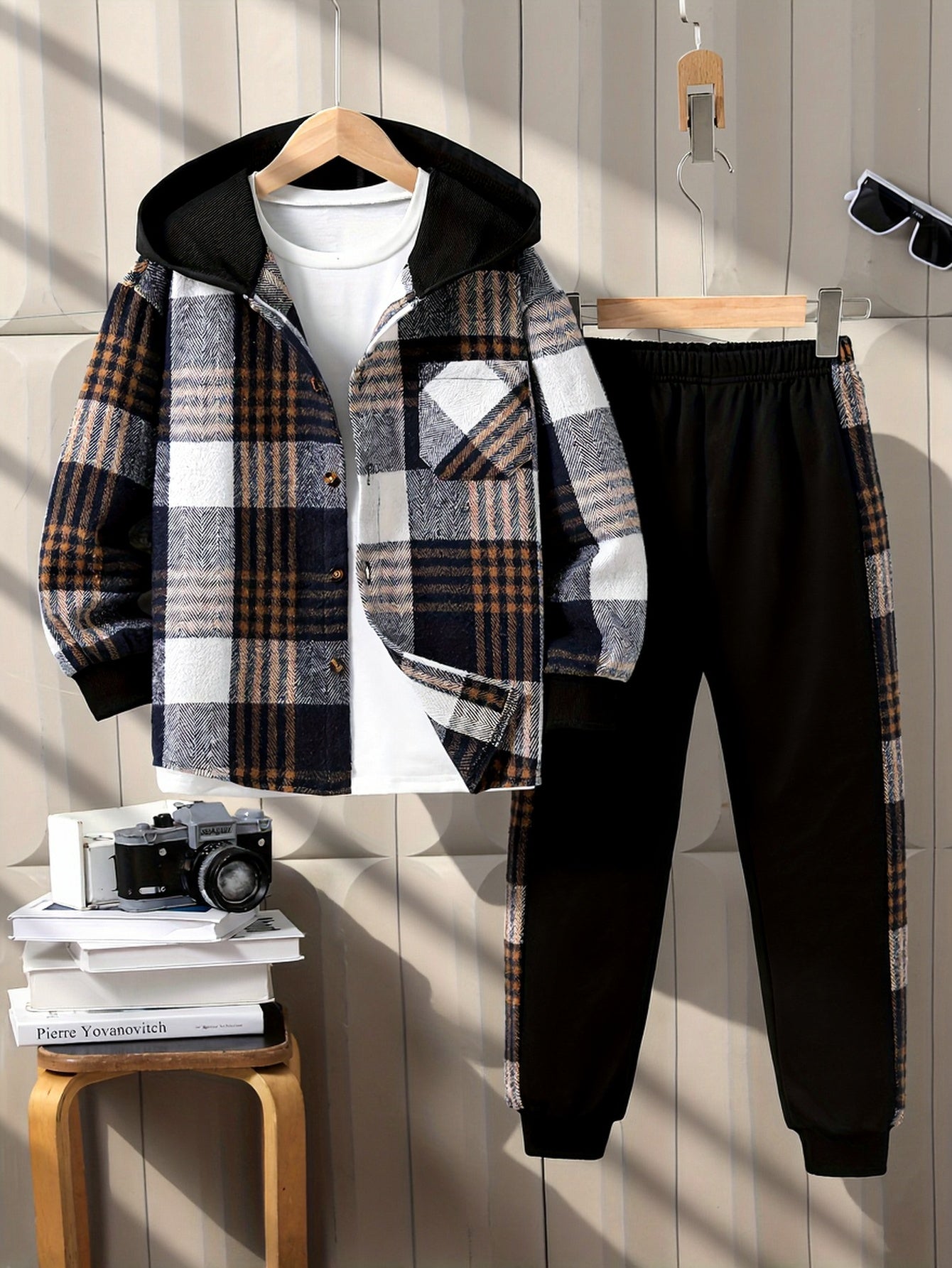 Boys' Fleece Plaid Hooded Long Pants Set, Perfect for Outdoor