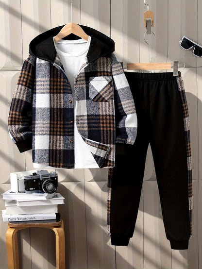 Boys' Fleece Plaid Hooded Long Pants Set, Perfect for Outdoor