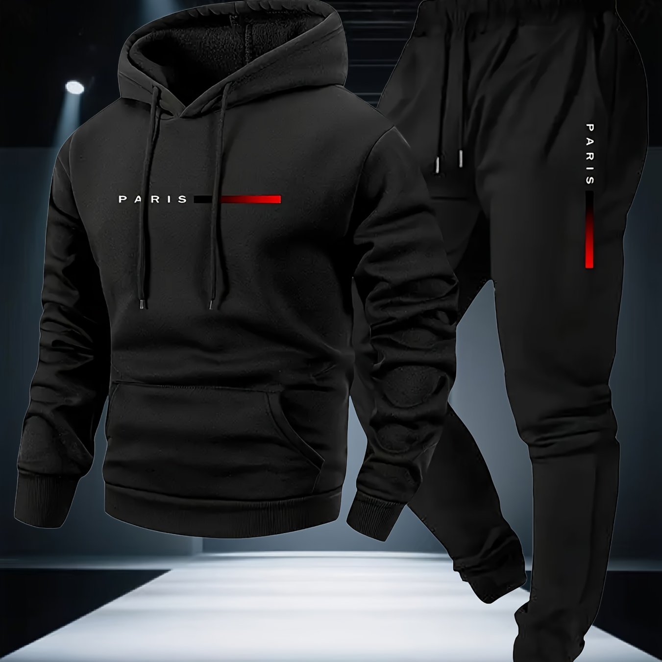 Halloween Men'S Hoodie with PARIS Lettering And Drawstring Sweatpants Set, a Must-Have Outfit for Autumn And Winter, Perfect for Everyday Outdoor Wear