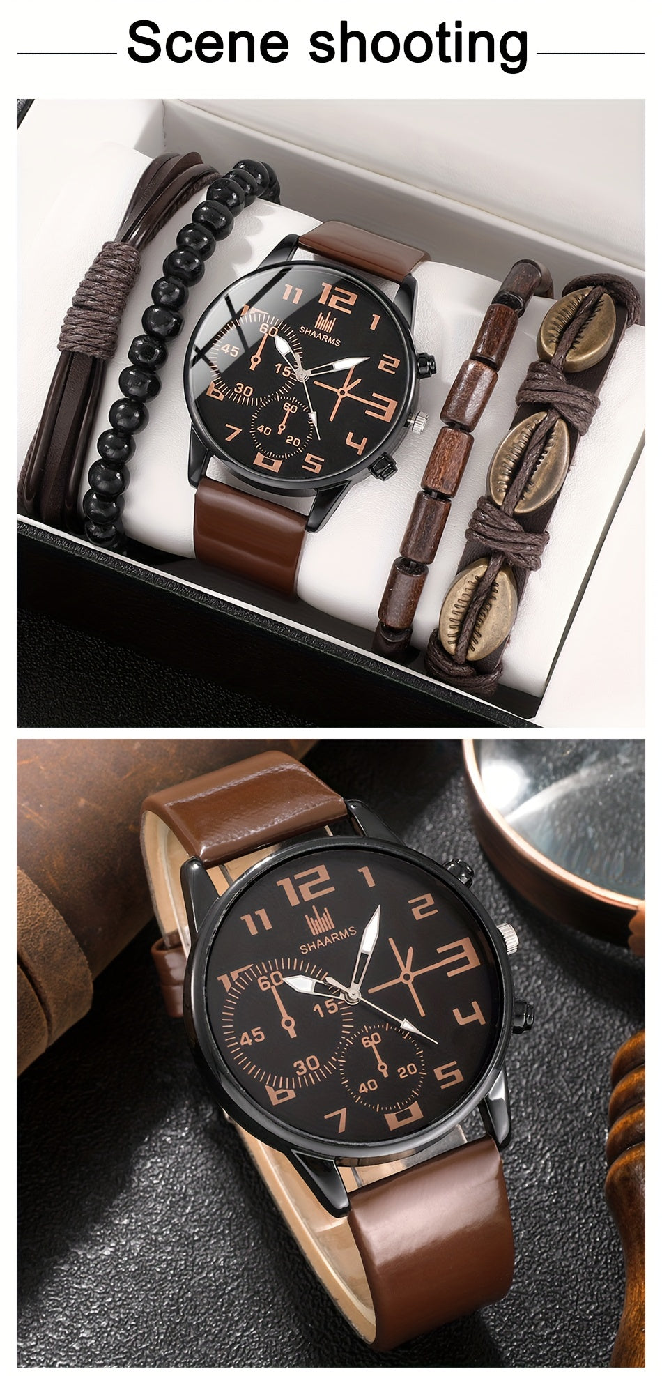 5pcs Men's Fashion Quartz Watch and Bracelet Set