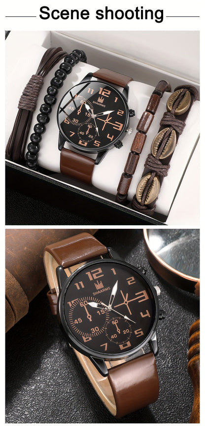 5pcs Men's Fashion Quartz Watch and Bracelet Set