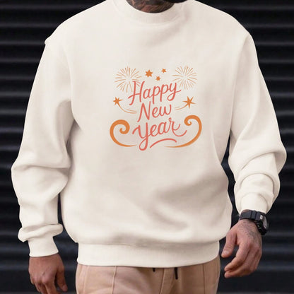 Men'S Happy New Year Sweatshirt - Light Grey with Orange Lettering - Regular Fit Crewneck Pullover for New Year'S Eve, NYE Parties & Casual Attire - Non-Permanent Celebration Sweater for Everyday & Special Occasions, New Year